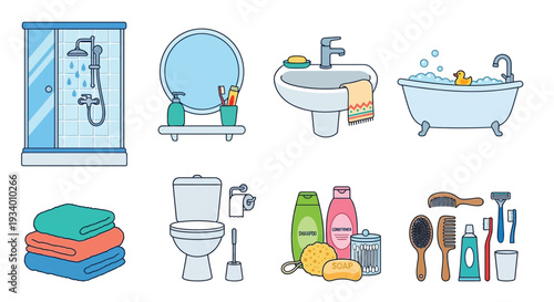 Colorful illustration of bathroom fixtures and accessories in a cartoon style