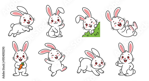 Collection of adorable cartoon rabbits in various playful poses and expressions