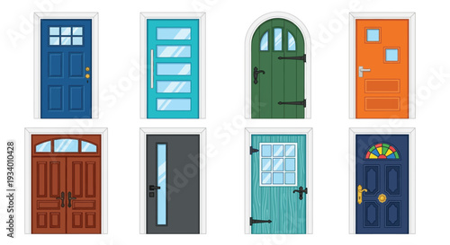 Colorful collection of cartoon doors with unique designs and details