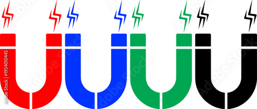 Four horseshoe magnets with electric sparks in red blue green and black on transparent background set