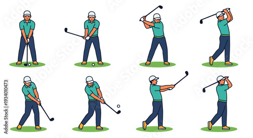 Golf swing sequence illustration address takeaway top impact and follow through