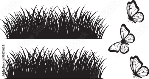 Black and white illustration of butterflies and grass landscape