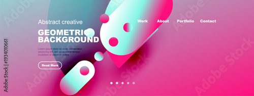 Abstract website header design. Vibrant colors, geometric shapes, text elements present. Modern, clean aesthetic.