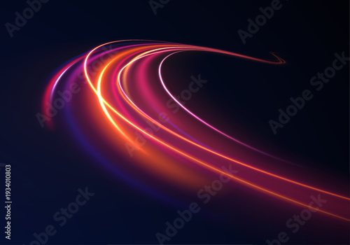 Red neon light trails swirl in spiral motion over black backdrop. Flashing energy beams and curved streaks simulate acceleration burst. High resolution PNG illustration isolated cleanly.