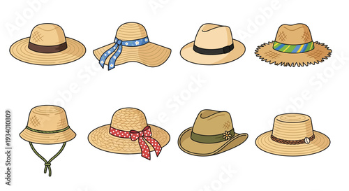 Collection of colorful summer hats in a cartoon illustration style