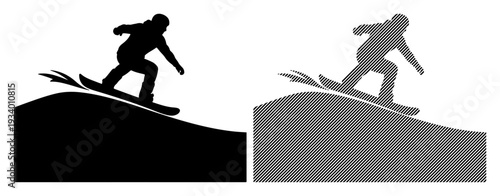 Dynamic silhouette of a snowboarder carving down a snow-covered slope with spray.