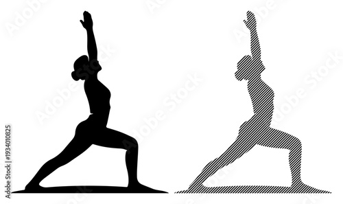 Graceful silhouette of a woman performing a warrior yoga pose, symbolizing strength and balance.