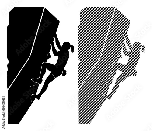 Determined silhouette of a woman rock climbing a challenging vertical wall with focus and strength.