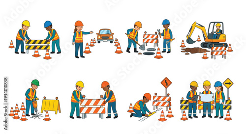 Construction workers and equipment illustrated in a cartoon style