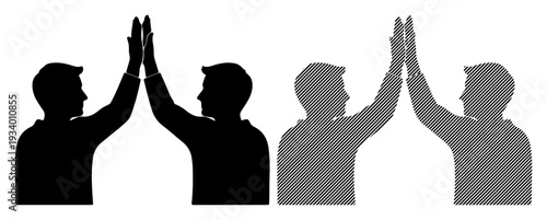 Two pairs of silhouetted men giving each other a high five in celebration.