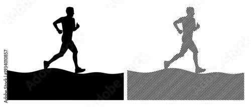 Silhouette of a determined runner in motion against a clean white background.