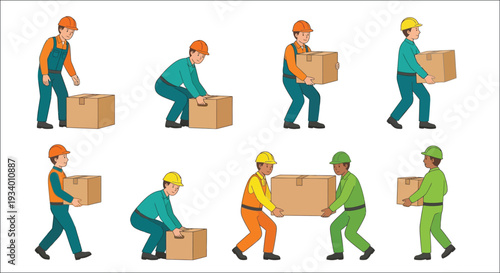 Illustrations of workers lifting cardboard boxes with proper and improper techniques