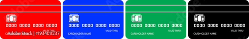 Credit card icons in red blue green and black on transparent background payment technology