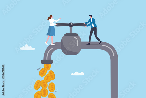 Investment making money, teamwork to produce revenue, income or financial return, increase wealth or dividend, earning reward opportunity, business people help open tap valve making dollar money.