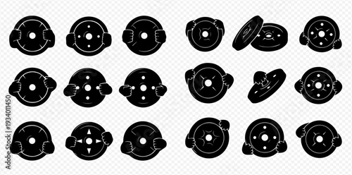 Set of various black weight plates for barbells and dumbbells, gym equipment icons isolated on transparent background.
