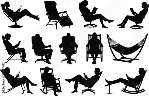 Flat vector silhouettes of people reading books and tablets on chairs, recliners, hammock, lifestyle illustration, ergonomic posture design reference