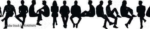 Flat vector silhouettes of people seated in row on chairs, diverse postures, human body language, ergonomic study, social design illustration