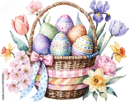 Schilderij op canvas Easter Basket Watercolor Illustration, Pastel Eggs and Spring Flowers Design Iso