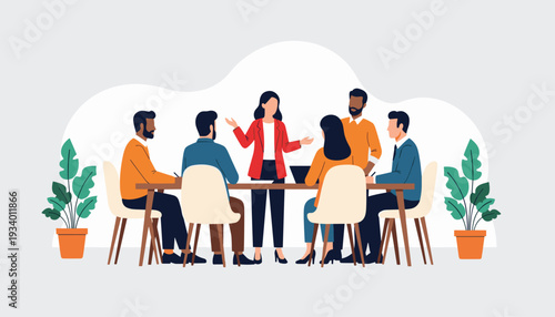 Flat Design Illustration of Multiracial Colleagues in Smart Casual Attire.