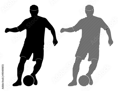 Two soccer players in silhouette, one black, one patterned, dribbling a ball