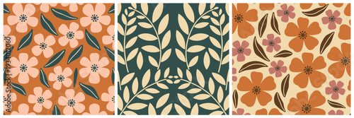 Trio of Abstract Floral and Botanical Patterns in Earthy and Pastel Hues leaves flowers