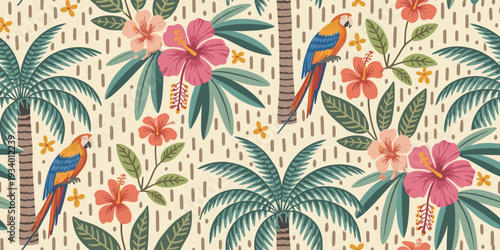 Tropical Pattern with Parrots and Hibiscus Flowers on Beige Background macaw