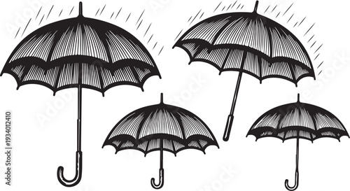 Black and white illustration of umbrellas in the rain
