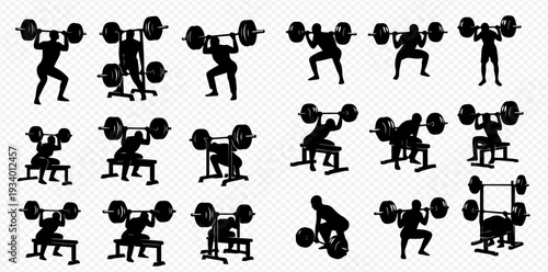Set of Weightlifting Silhouettes: Various Barbell Exercises Including Squats and Bench Presses.