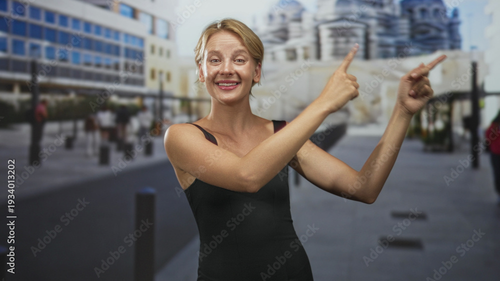 Fototapeta premium Woman pointing both index fingers with bare arms visible in black sleeveless dress on a city street near a modern building and cathedral; joy invitation.