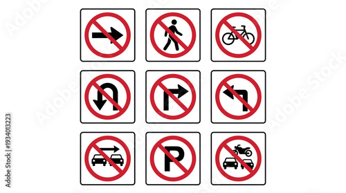 Collection of Prohibition Traffic Signs Icons, Featuring No Right Turn, No Pedestrians, No Bicycles, U-Turn Prohibited, No Entry, No Left Turn, No Overtaking, No Parking, and No Motor Vehicles