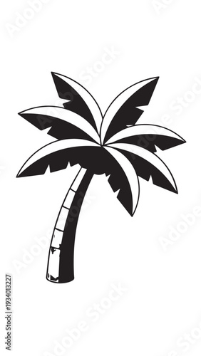 Monochrome palm tree silhouette with curved trunk and tropical fronds.