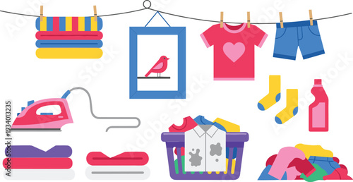 Cartoon Laundry Day Elements Collection with Washing Basket Iron Clothesline T Shirts Socks and Detergent Vector Illustration