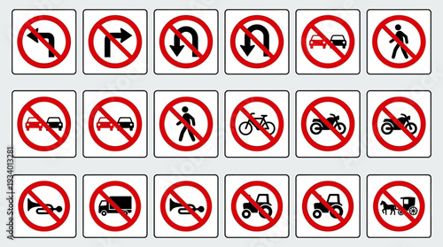 Extensive collection of international road traffic prohibition signs arranged in an organized grid for driving safety and regulation awareness