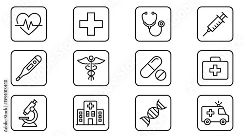 A Collection of Essential Medical and Healthcare Icons, Featuring a Heartbeat, Cross, Stethoscope, Syringe, Thermometer, Caduceus, Pill, First Aid Kit, Microscope, Hospital, DNA, and Ambulance