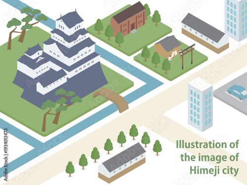 新緑の姫路城と姫路の街のアイソメトリックイラスト