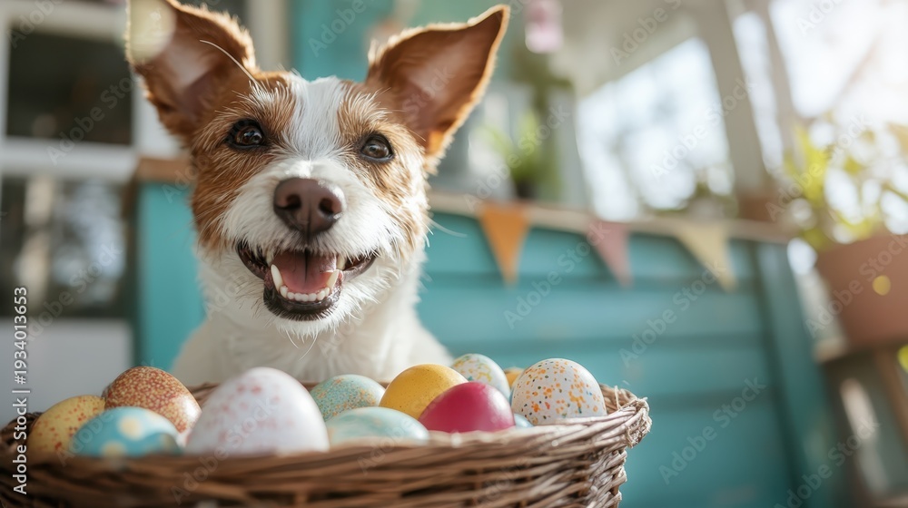 Fototapeta premium This cheerful scene features a joyful dog smiling with a basket of colorful Easter eggs, embodying the spirit of festive celebrations and happiness.