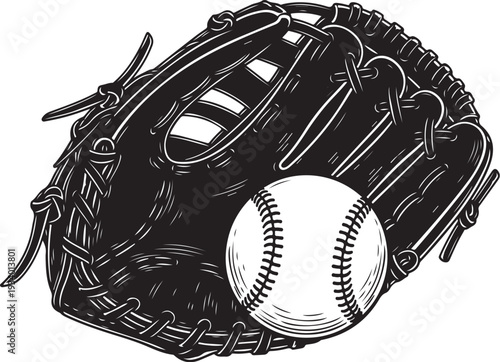 Baseball Glove and Ball Illustration in Black and White