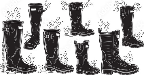Collection of black rubber boots in various styles shown