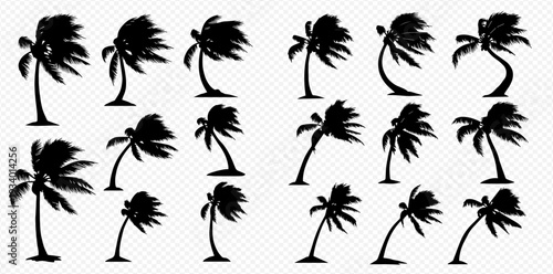 Set of palm tree silhouettes with leaves blowing in the wind, perfect for tropical designs and hurricane warnings.