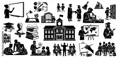 Set of education and school silhouettes, academic icons including students, teachers, graduation, science, library, and learning equipment isolated