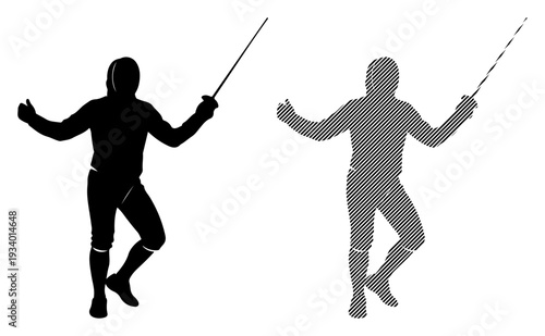 Fencer in victory pose, celebrating a win with sword raised high