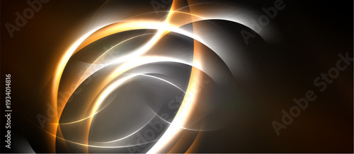 Abstract design features glowing curves, lines. Orange, white hues dominate dark background. Dynamic energy radiates from central point.