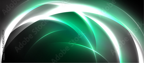 Abstract design features flowing green, white lines. Dynamic curves create luminous, modern visual impact. Dark background emphasizes bright shapes.
