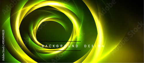 Bright swirling neon lights form abstract circular pattern. Dark background emphasizes vibrant green, yellow hues. Text reads background design.