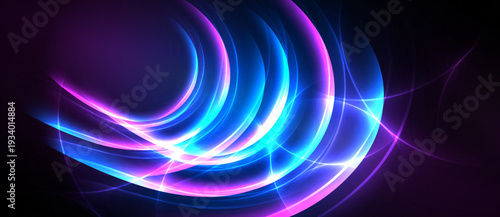 Abstract light curves radiate, blending vibrant purple, blue hues. Dynamic energy flows create captivating visual effect.