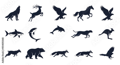 Collection of Silhouettes Representing a Variety of Wild Animals in Motion