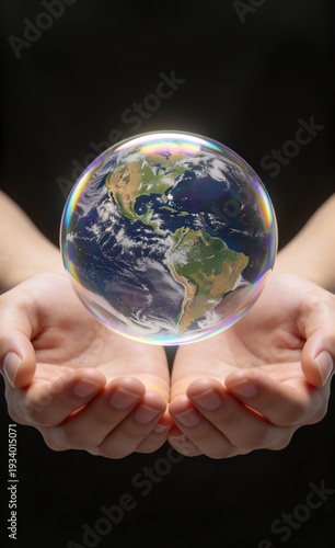  Fragile Earth globe as iridescent soap bubble with water reflection, vertical format environmental concept, 3d render