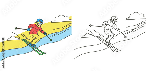 Cartoon skier skiing downhill illustration. Colored design and black and white line art outline version for kids coloring book page. Winter sports.