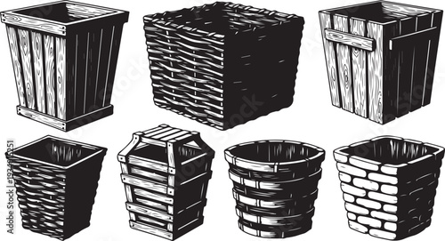 Collection of various wooden and metal waste bins illustration