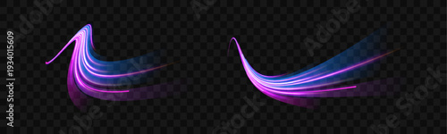 Violet and cyan neon rays burst from a central point. Radiant light trails visualize energy and momentum. Abstract futuristic composition isolated on transparent background.